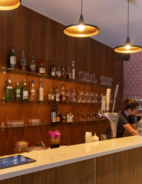 A bar with a counter with two people having a conversation 