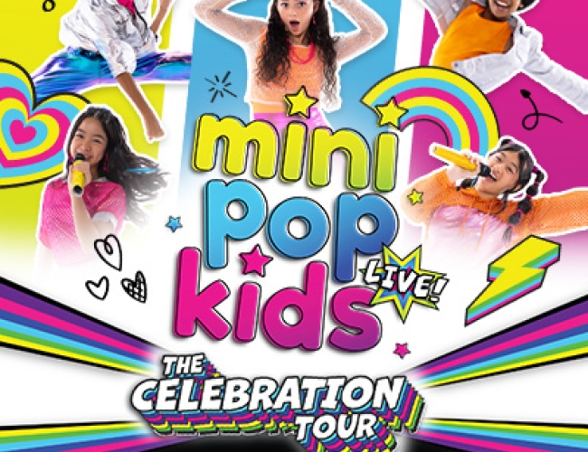 Poster for the Mini Pop Kids 20th Anniversary 'The Celebration Tour,' featuring five young performers, colorful outfits, and vibrant graphics like stars, hearts, and music notes, conveying a fun and energetic vibe.