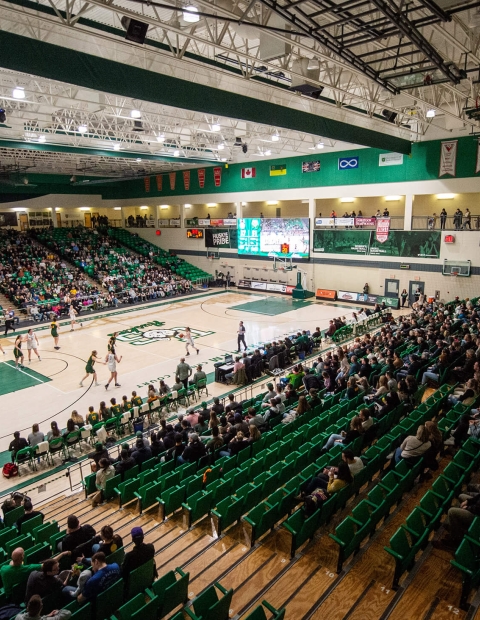 the view of the basketball court as seen from the spectator seats