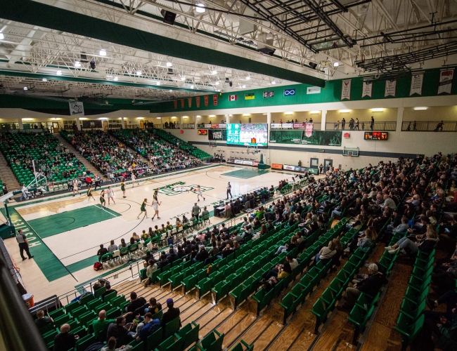 the view of the basketball court as seen from the spectator seats