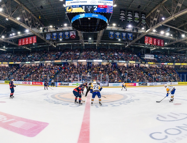 Hockey Players squaring off at centre ice for the puck